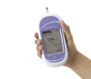 Imagen: El glucómetro sanguíneo inalámbrico Roche Accu-Chek Inform II (Fotografía cortesía de Roche Diagnostics).